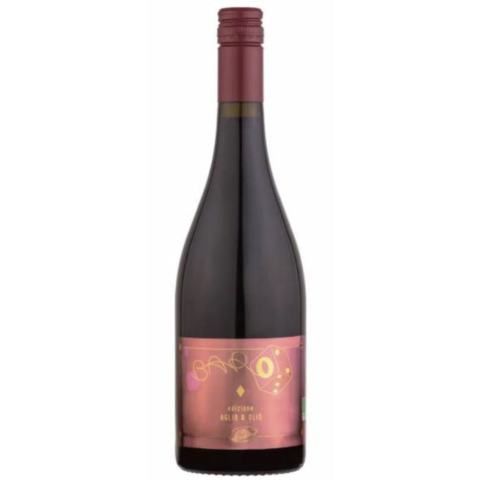 Bajola Baro Aglianico 2021 wine bottle with dark glass and pink-gold label