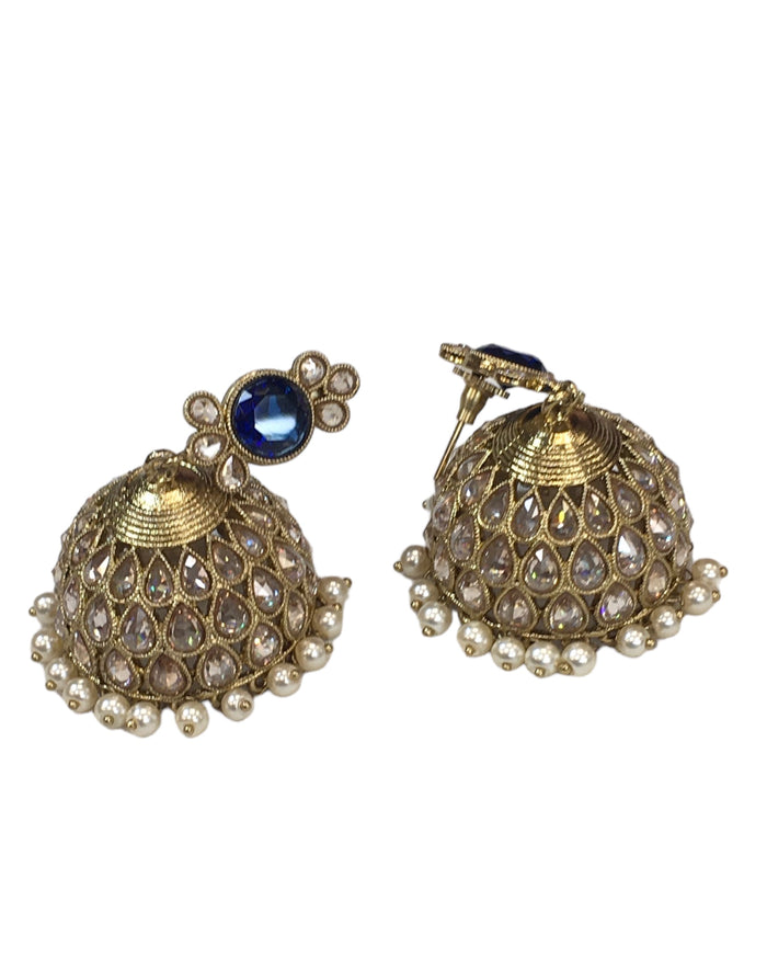 Blue - Large Size Antique Gold Finish Necklace Set with Earrings - SV2405 KJ 0424