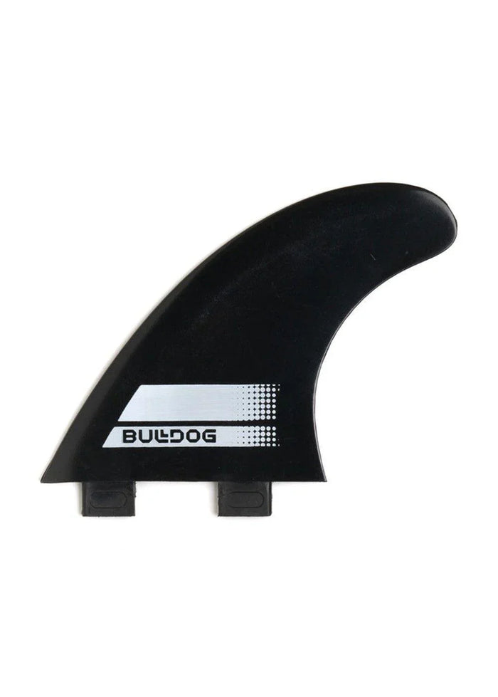 Bulldog black surfboard fin with white logo, watersports gear