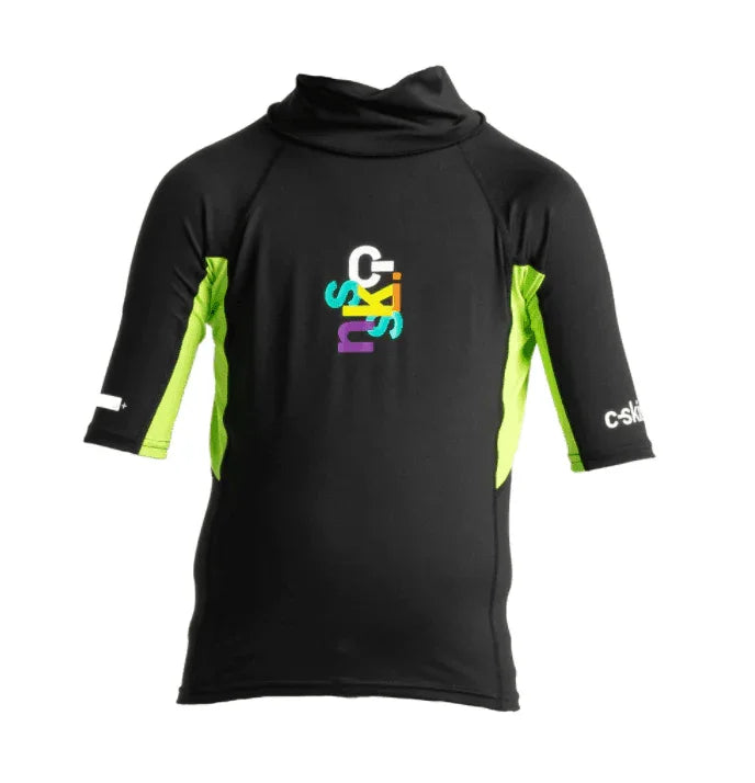 C-Skins Rash X Junior black and lime short sleeve rash vest with logo on front