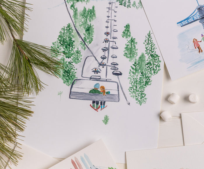 Chairlift Skiers Holiday Card