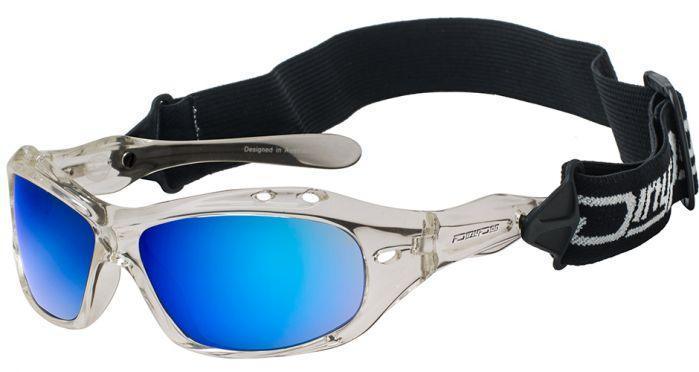 Clear frame blue lens watersports sunglasses with black strap