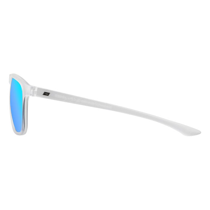 Oakley sunglasses with white frame and blue mirrored lenses