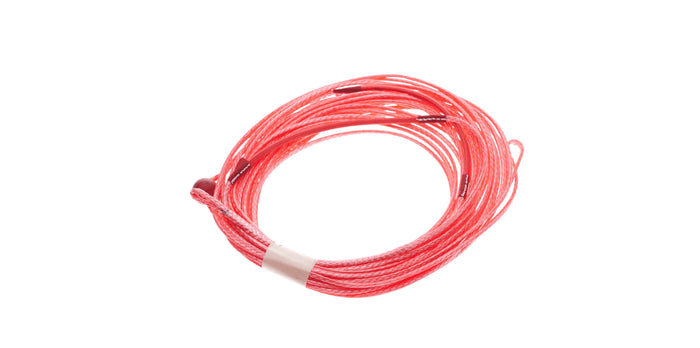 Red coiled watersports rope with secure fasteners, ideal for paddleboarding or kayaking adventures.
