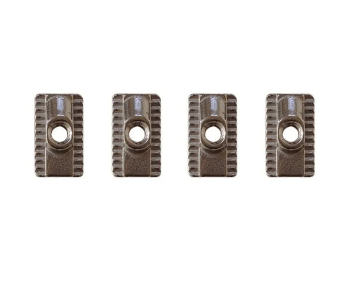 Four metallic T-nuts with textured sides for watersports gear mounting