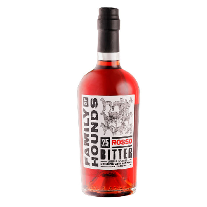 Rosso bitter liquor bottle with black cap and red label, filled with red liquid