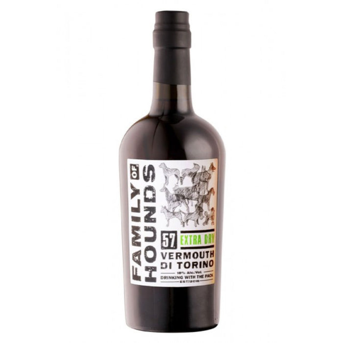 Family of Hounds vermouth bottle, dark glass with label and black cap