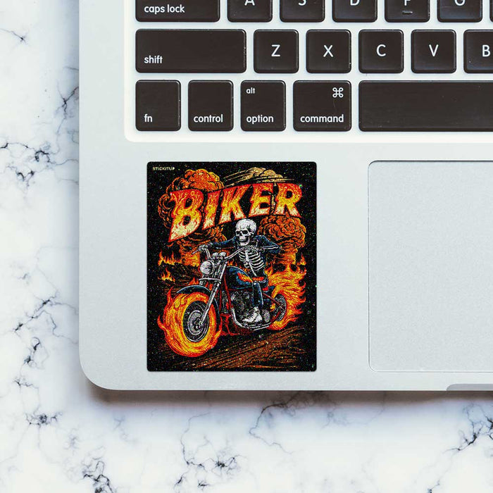 Flaming Skeleton Biker Glitter Sticker - Glitter Stickers | STICK IT UP