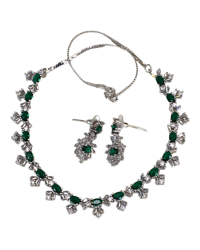 Green - AD Silver Finish Small Size Necklace Set with Earrings - PMJ11 C 0223