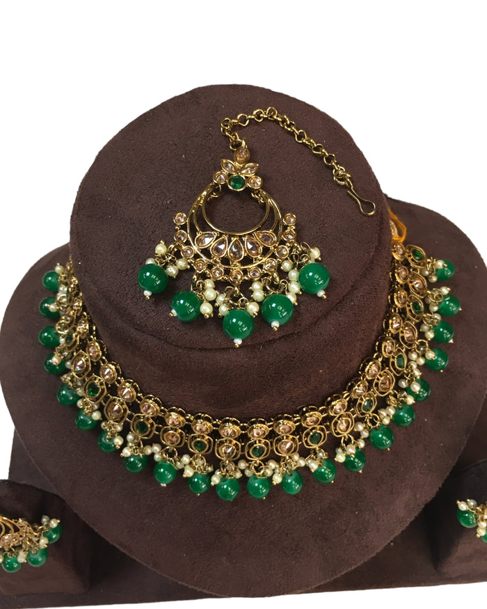 Green - Large Size Antique Gold Finish Necklace Set with Earrings - VJY403 C 0424