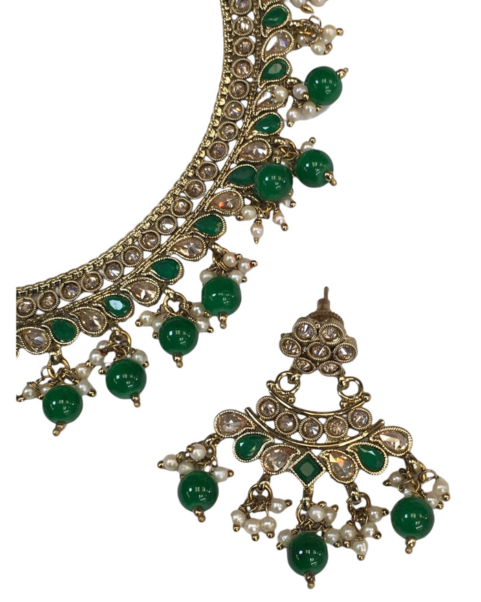 Green - Medium Size Antique Gold Finish Necklace Set with Earrings - HR1008 KK 0424