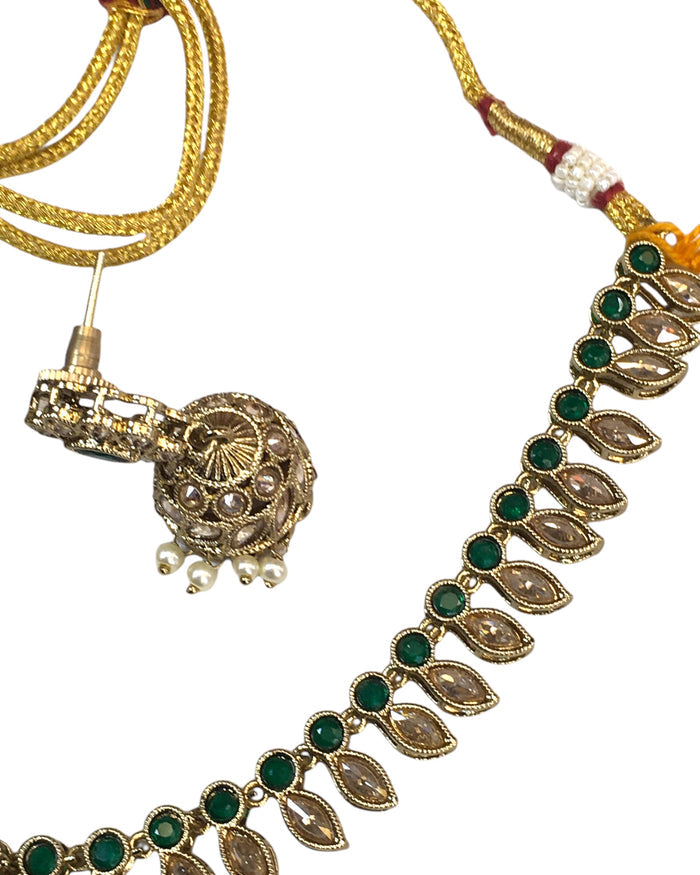 Green - Small Size Antique Gold Finish Necklace Set with Earrings - SV2404 C 0424