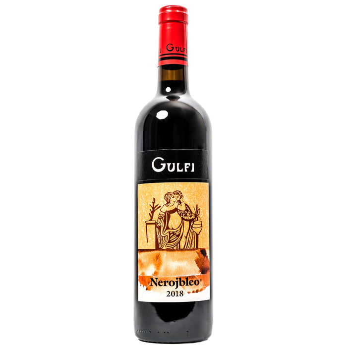 Gulfi Nerojbleo 2018 red-capped wine bottle with illustrated label