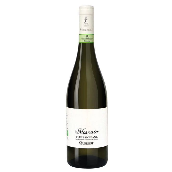 Gurrieri Moscato wine bottle with white label and light green glass