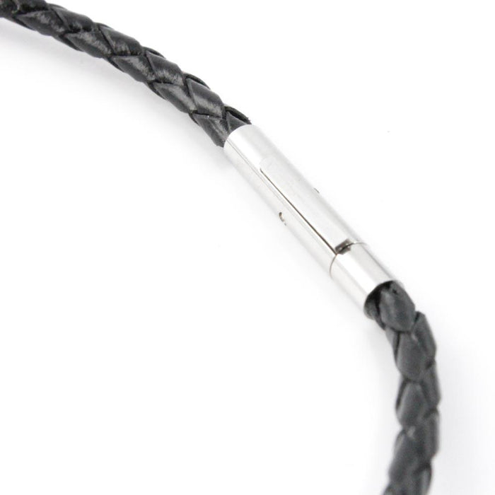 Black braided leather cord with a silver cylindrical clasp