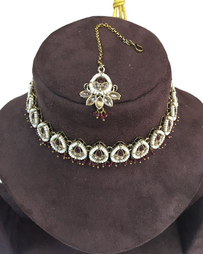 Maroon - Medium Size Antique Gold Finish Necklace Set with Earrings - RAK122 R 0424