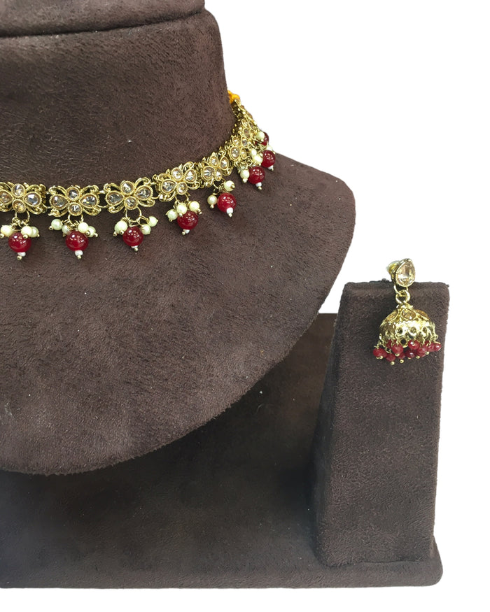 Maroon - Small Size Antique Gold Finish Necklace Set with Earrings - VJY402 A 0424
