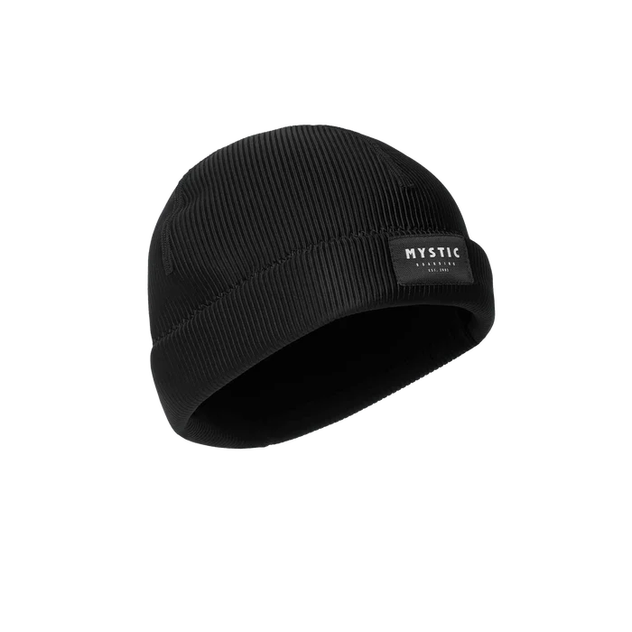 Black Mystic beanie with ribbed texture and brand patch, ideal for watersports