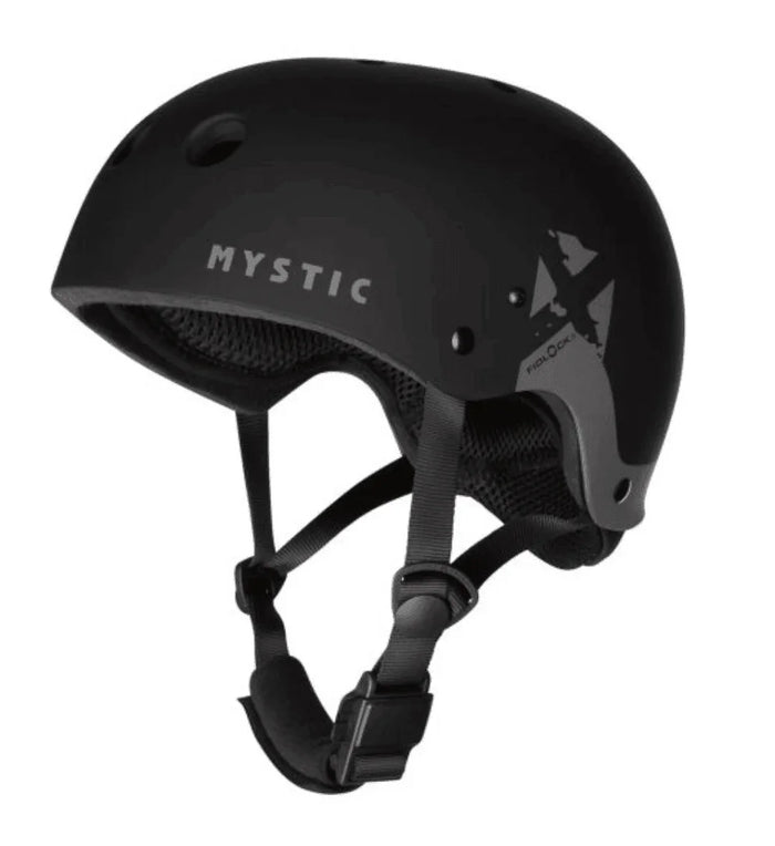 Mystic MK8X black watersport helmet with adjustable chin strap and ventilation holes