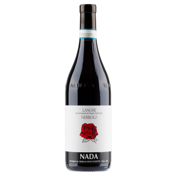 Nebbiolo wine bottle with Langhe Nebbiolo label, red rose and Nada branding
