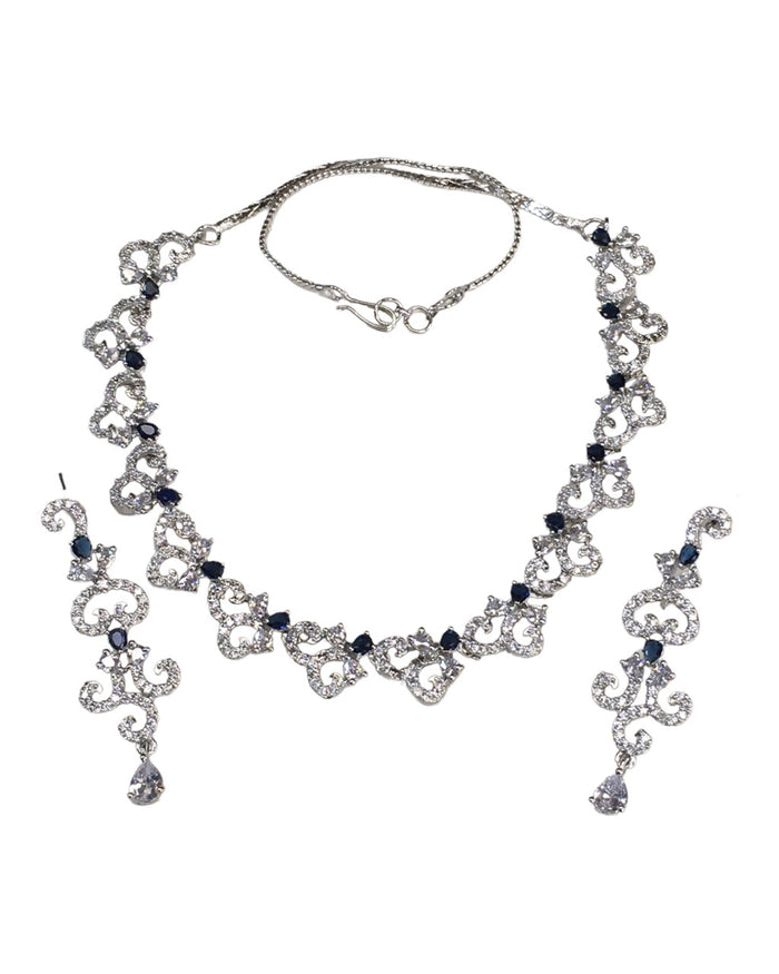 Navy Blue - AD Silver Finish Small Size Necklace Set with Earrings - PMJ02 KY 0223