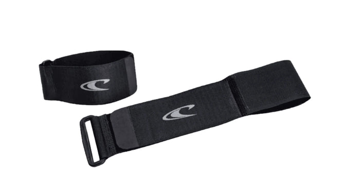 Black C-Skins surfboard leash with silver logo, watersports gear for Whitstable