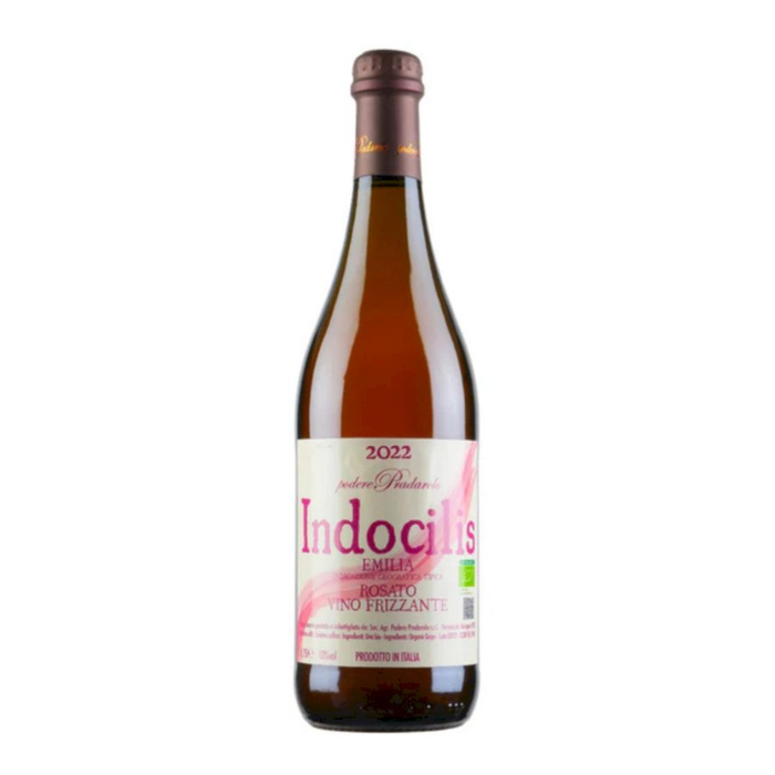 Pink rosato sparkling wine bottle, 2022 Indocilis by Podere Pradarolo, labeled