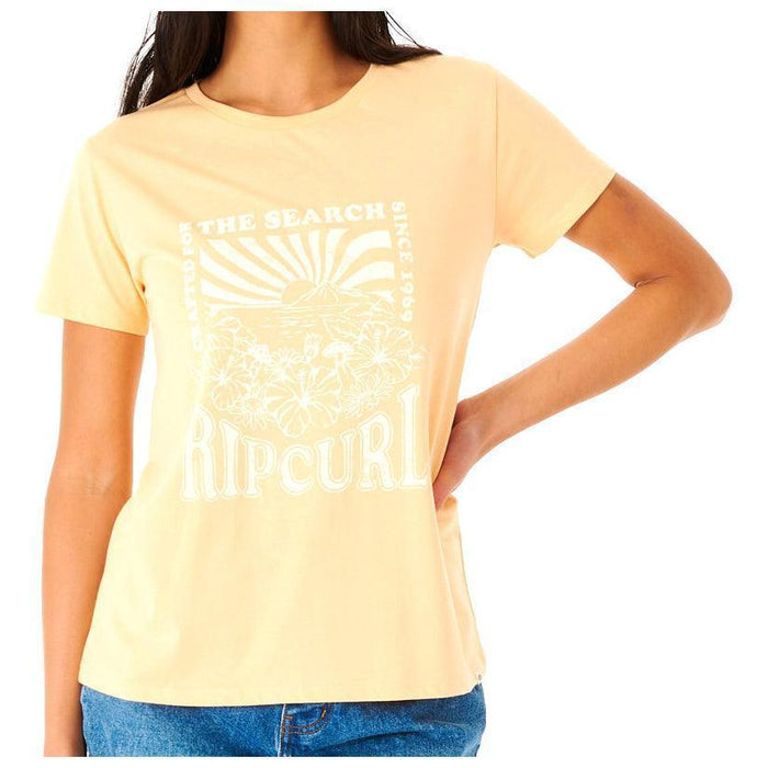 Rip Curl yellow surf t-shirt with floral and sun graphic design
