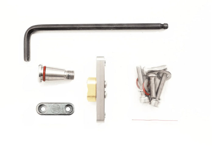 Silver and gold paddleboard fin mount kit with Allen key and stainless bolts, watersports gear