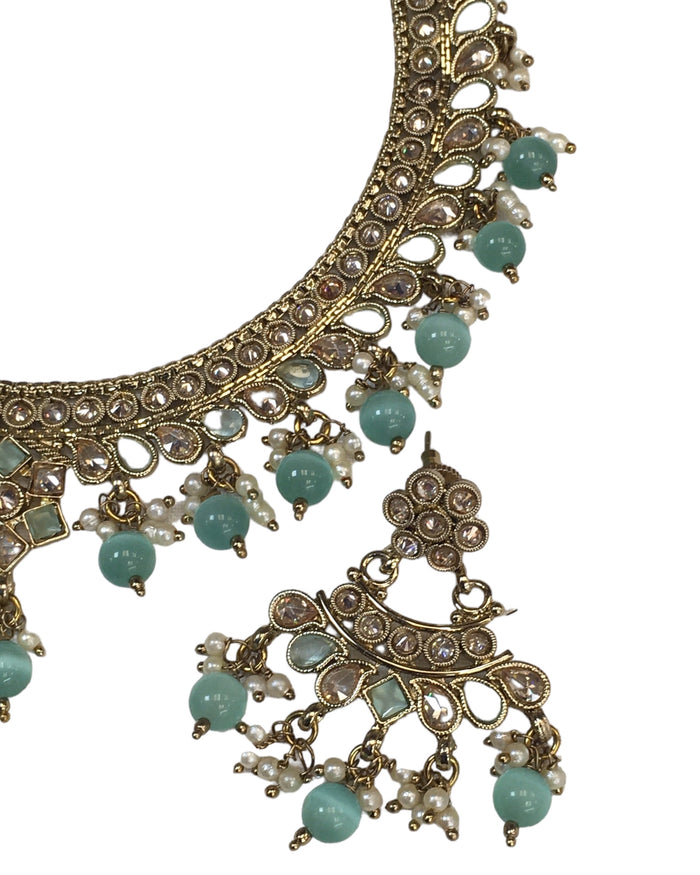 Sea Green - Medium Size Antique Gold Finish Necklace Set with Earrings - HR1008 KK 0424