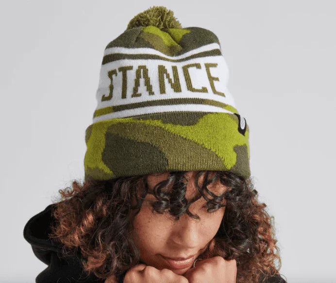 Stance camo beanie with pom, green and white knit hat for watersports gear