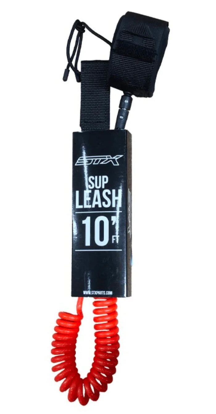 STX SUP Leash 10ft red coiled paddle board ankle leash with black strap