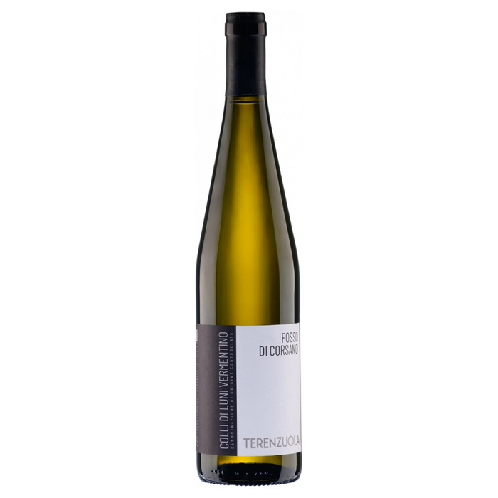 Terenzuola Vermentino 2024 wine bottle with yellow-green glass and printed label