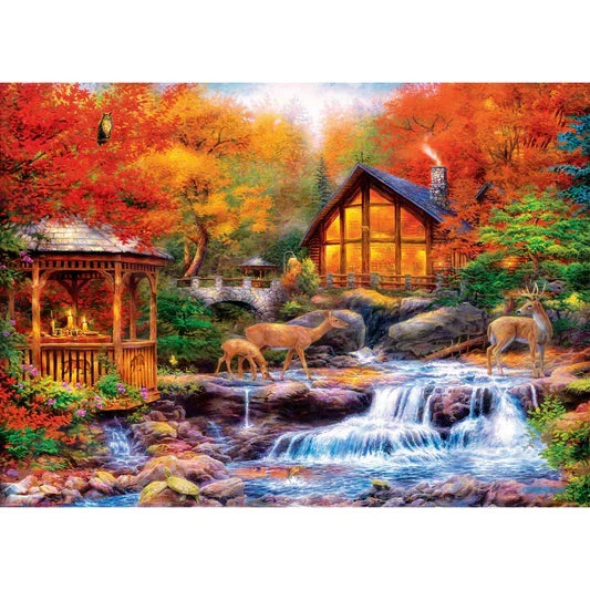 A  masterpieces 1000 piece puzzle depicting a scenic view with a cabin, gazebo, and deer in a forest during autumn.