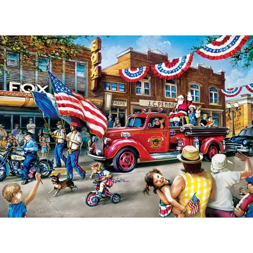 A 1masterpieces 1000 piece jigsaw puzzle depicting a parade scene with a vintage red fire engine, people celebrating, and an American flag.
