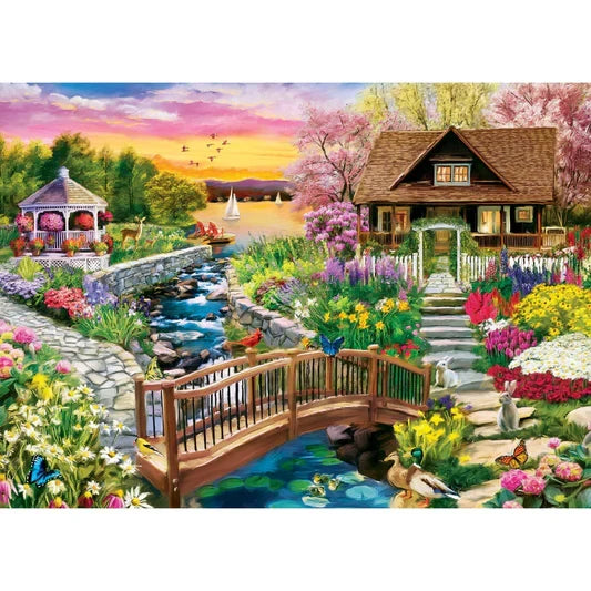 A masterPieces 1000 piece puzzle depicting a vibrant spring scene with colorful flowers, a flowing brook, and a lakeside cottage.