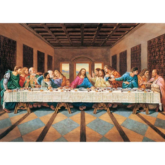 A masterpieces 1000 piece puzzle depicting the painting 'The Last Supper' with various characters seated around a table.