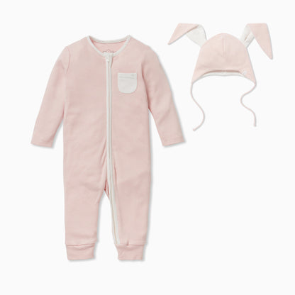 Blush Stripe Clever Zip Sleepsuit & Bunny Bonnet Set