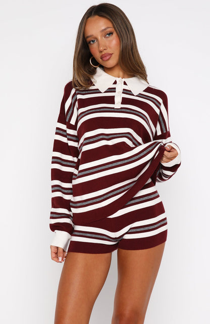 It's Ok, I'm Ok Knit Shorts Wine Stripe