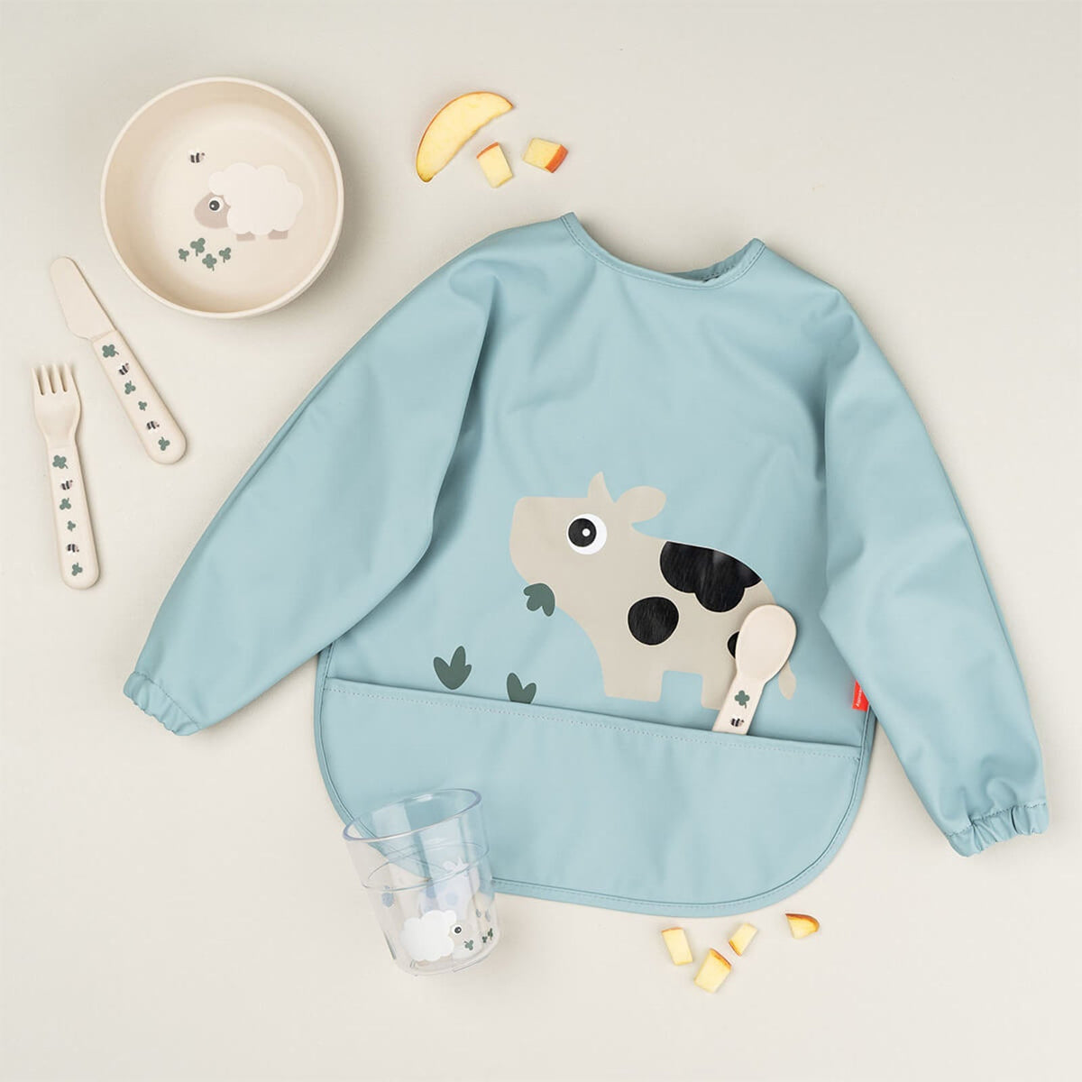 Done By Deer Sleeved Pocket Bib - Tiny Farm Blue