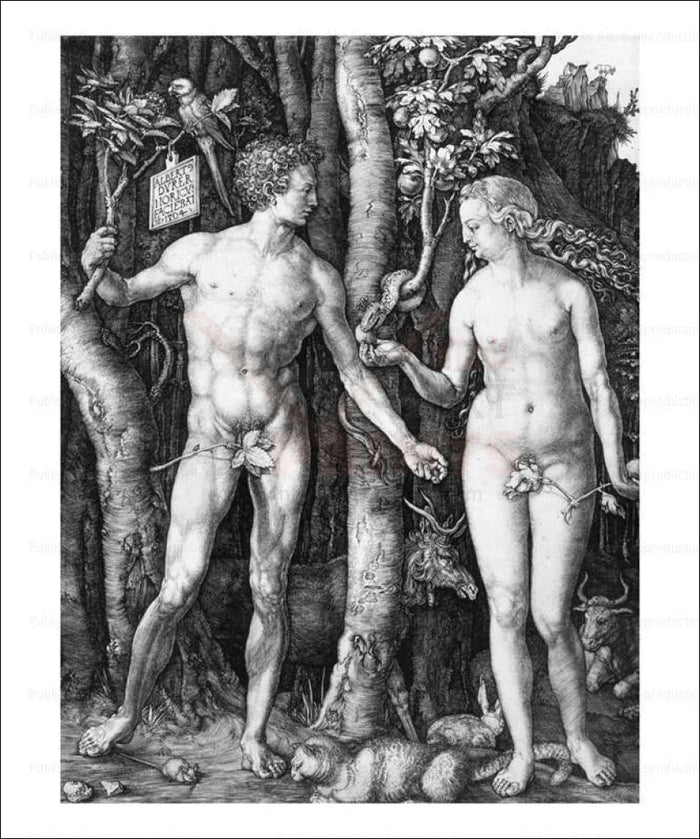 Albrecht Durer, Adam & Eve - Black and White image showing trees and Animals, Adam et Eve