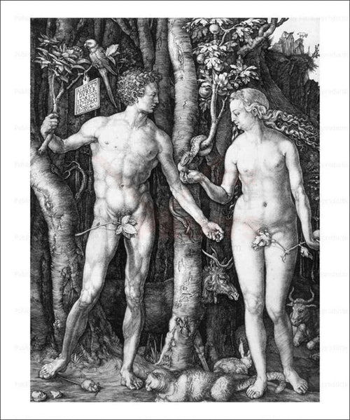 Albrecht Durer, Adam & Eve - Black and White image showing trees and Animals, Adam et Eve