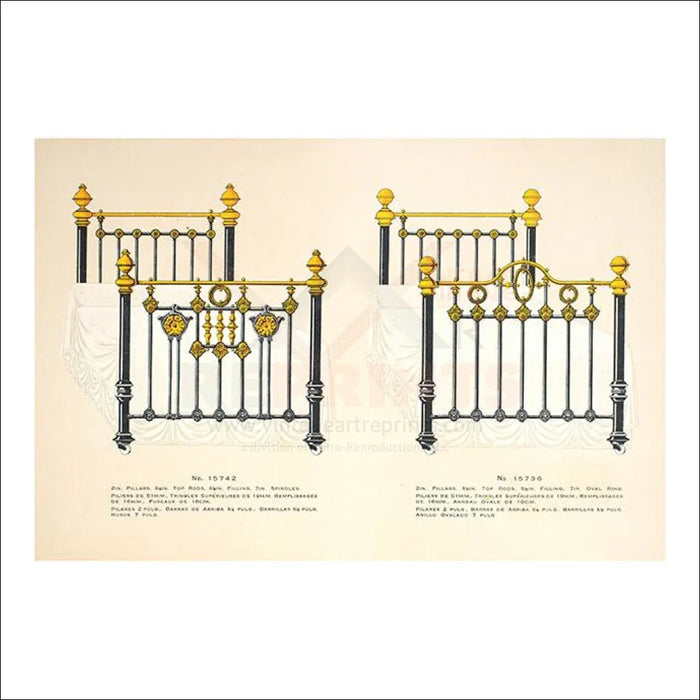 Antique Brass Iron French Bed, 3 Prints - VINTAGEARTREPRINTS.COM