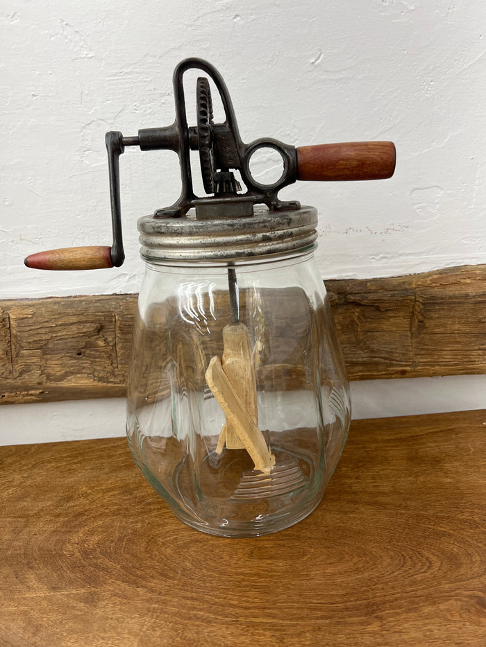Antique Dazey No. 4 Glass Butter Churn with Wooden Paddles