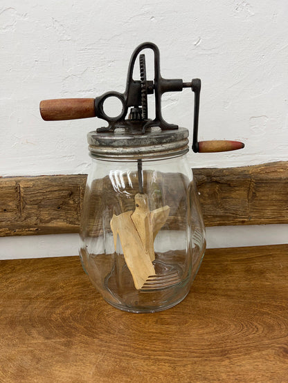 Antique Dazey No. 4 Glass Butter Churn with Wooden Paddles