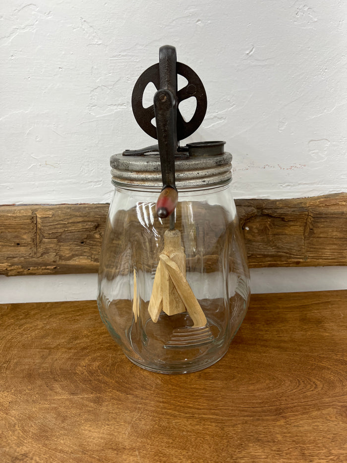 Antique Dazey No. 4 Glass Butter Churn with Wooden Paddles