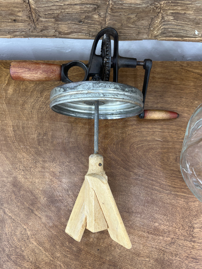 Antique Dazey No. 4 Glass Butter Churn with Wooden Paddles