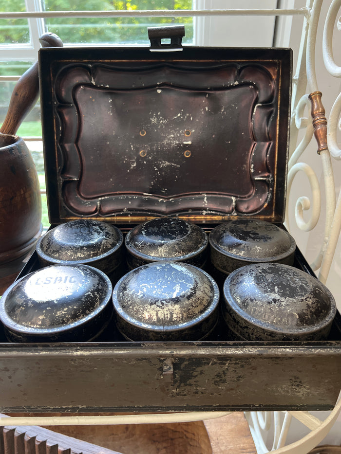Antique Tin Spice Box with Six Spice Containers.