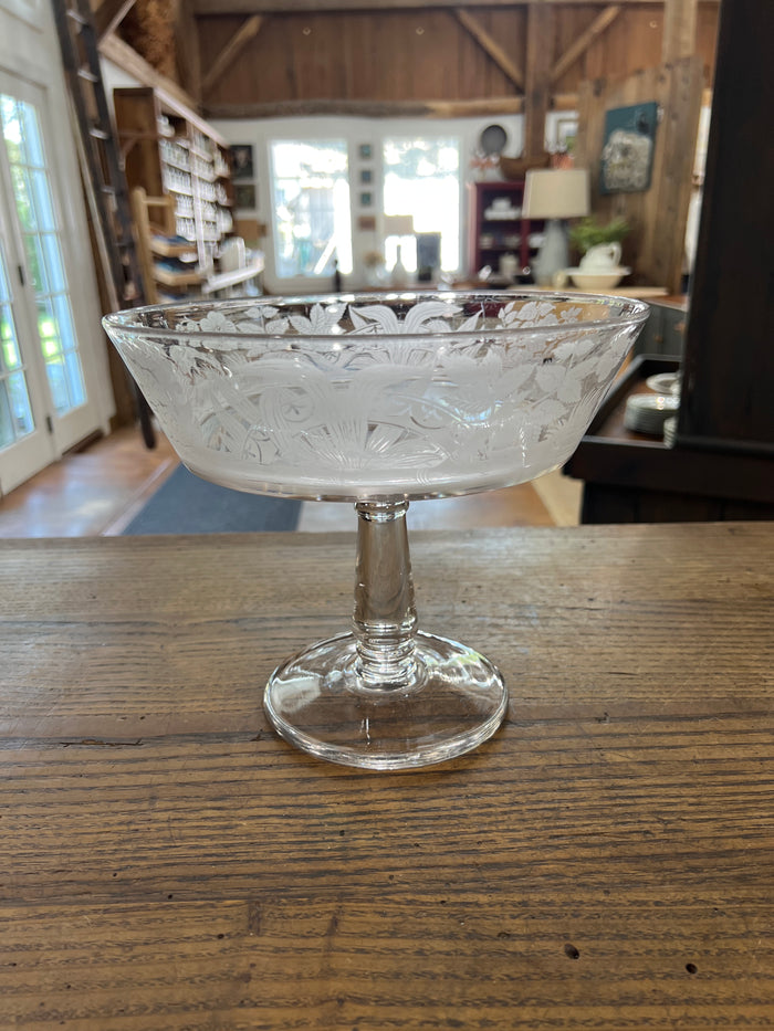 Antique Victorian Glass Compote with Crane Birds and Bamboo