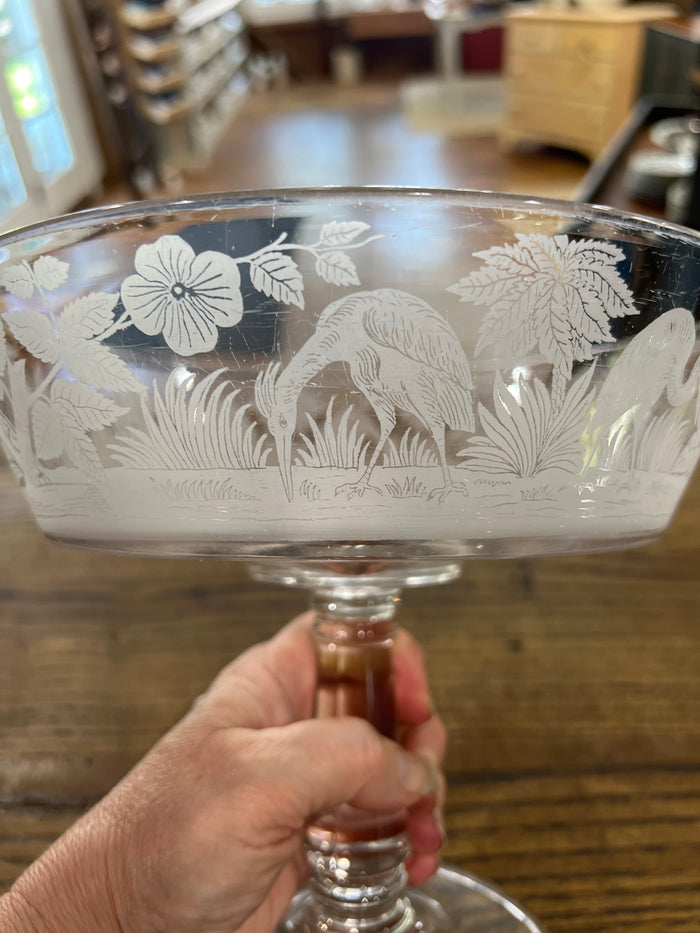 Antique Victorian Glass Compote with Crane Birds and Bamboo